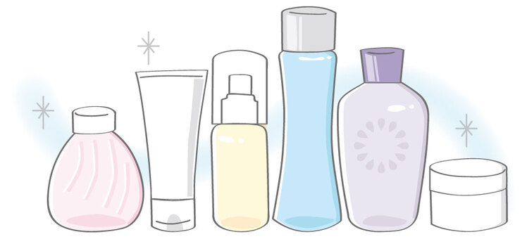 「化粧水・乳液・美容液・クリームなどのスキンケア・ヘアケア製品を表すボトルやチューブのイラストセット｜コスメやヘアケア商品の紹介・比較に最適なビジュアル素材」