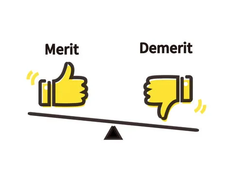 「メリットとデメリットを比較するイラスト｜親指を立てたサムズアップと下げたサムズダウンのアイコンを使ったバランス図」