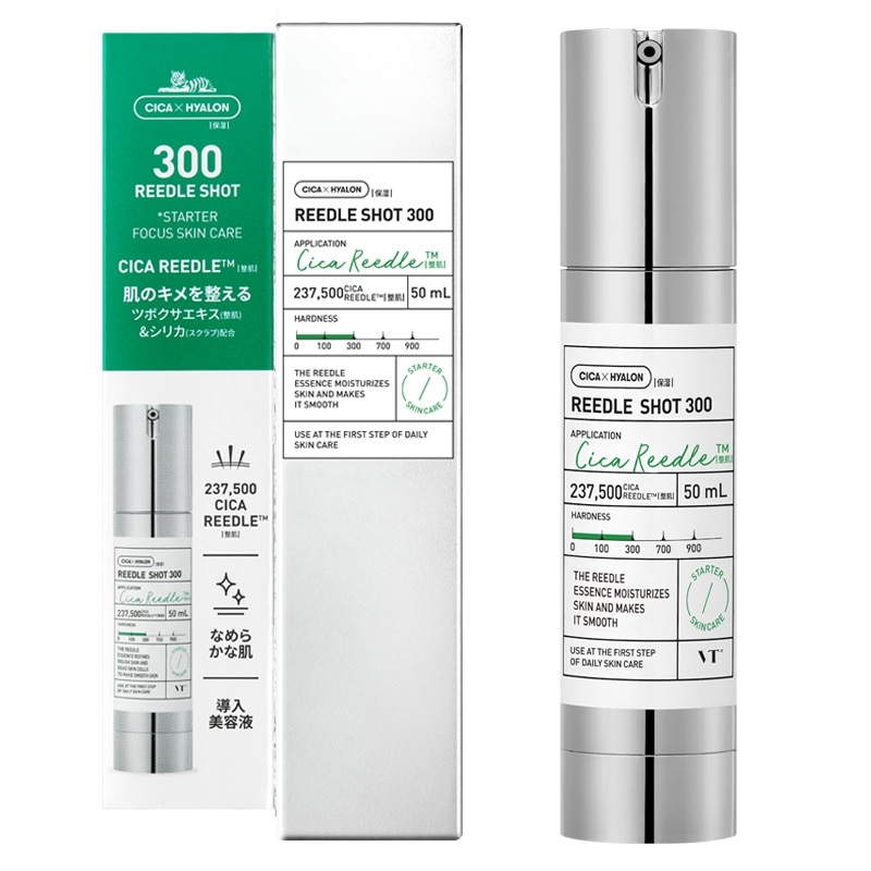 「VT CICA リードルショット300の導入美容液。237,500本の天然マイクロニードルを配合し、肌のキメを整えながら浸透力を高めるスキンケアアイテム。ツボクサエキスやシリカ成分配合、スターター向けスキンケア」
