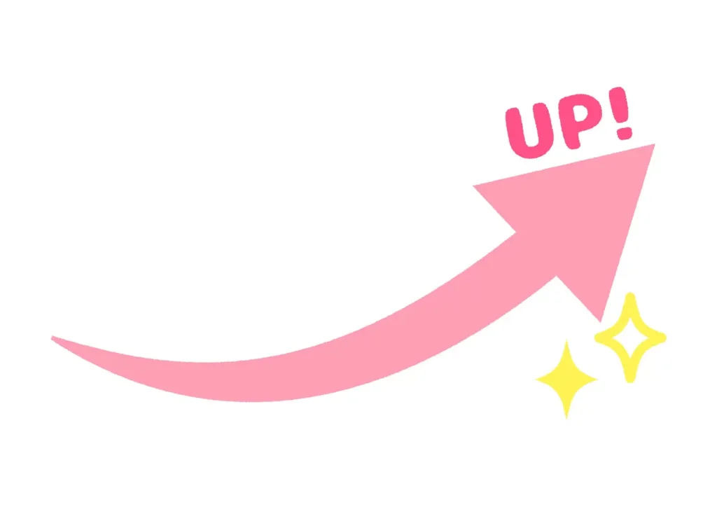 効果アップ・評価上昇をイメージしたピンクの上向き矢印アイコン｜美容効果やランキング上昇、売上アップの視覚表現に最適