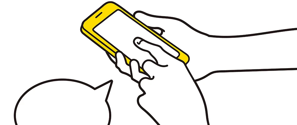 「スマートフォンで入力する手元のイラスト|口コミ投稿やレビュー記入、検索フォームへの入力をイメージさせるシンプルな線画デザイン」