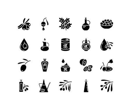 「オリーブオイル・エキストラバージンオイル・オリーブ果実・オリーブ抽出成分などを示す黒のシルエットアイコンセット|ヘアケア・スキンケア成分の視覚表現に最適」