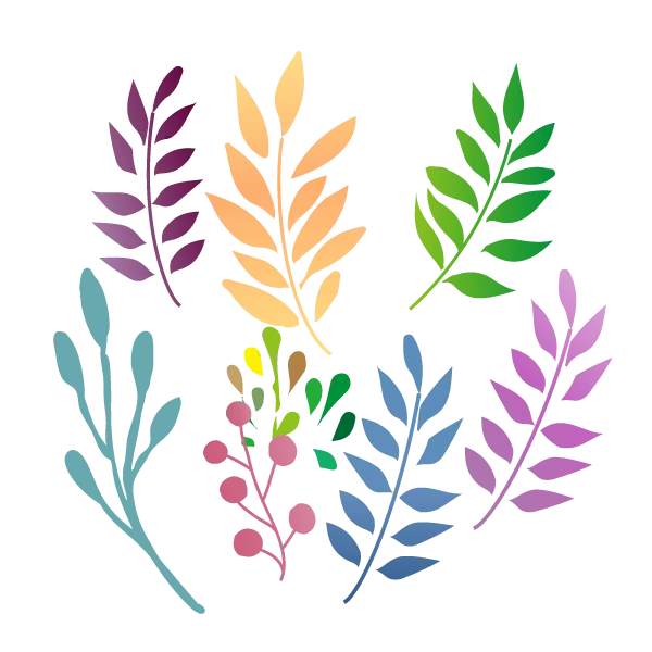 「カラフルな植物のシルエットで構成された自然由来・ボタニカル成分を表すイラスト素材｜オーガニックやナチュラルケアの視覚表現に最適」