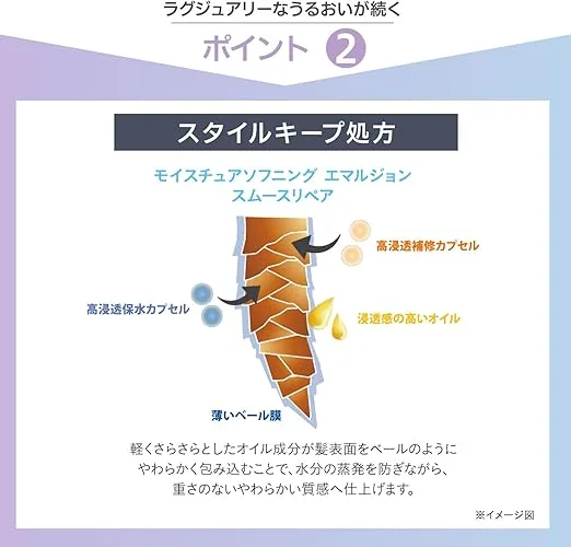 「スタイルキープ処方を図解するイラスト|高浸透補修カプセル・高浸透保水カプセル・浸透型オイルが髪表面をコートし、うるおいとまとまりを持続させる構造説明」