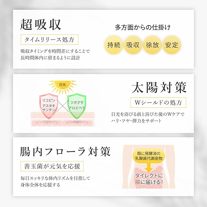 「超吸収のタイムリリース処方でビタミンを長時間持続的に体内に届け、多方面(持続・吸収・徐放・安定)から効率的にアプローチ。リコピン・アスタキサンチンとツボクサ・アロエベラによる太陽光からのWシールドで肌のハリ・ツヤ・弾力を守り、さらに既に発酵済みの乳酸菌代謝産物で腸内フローラの善玉菌を活性化、毎日の健康と美肌作りをサポートします。」