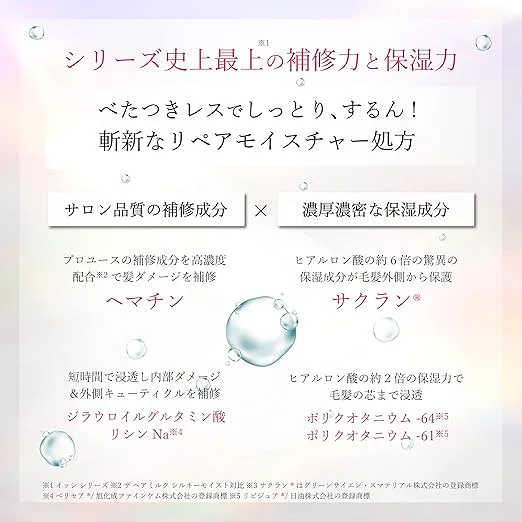「ヘマチンとサクランを組み合わせたリペアモイスチャー処方を解説する成分紹介画像|ダメージ補修と高保湿を両立するヘアミルクの特徴」