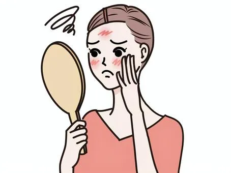 「肌荒れやニキビに悩む女性のイラスト。鏡を見ながらおでこや頬の赤みに困っている表情。スキンケアや肌トラブル対策を表現したイメージ素材。」