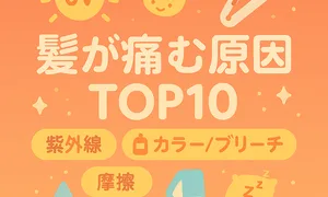 髪が痛む原因TOP10を解説するサムネイル｜紫外線・熱ダメージ・カラー/ブリーチ・摩擦など主因をアイコンで分かりやすく表示