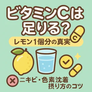 ビタミンCは足りる？レモン1個分の真実｜ニキビ・色素沈着ケアに役立つ摂り方（食事/サプリ）、吸収率を上げるコツと過剰摂取の注意を解説するサムネイル