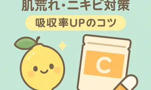 リポソームビタミンCで肌荒れ・ニキビ対策｜吸収率アップのコツ解説サムネイル—分割摂取・タイムリリース・飲むタイミングを紹介、レモンとカプセルの可愛いイラスト付き