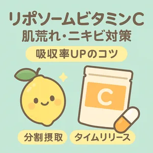 リポソームビタミンCで肌荒れ・ニキビ対策｜吸収率アップのコツ解説サムネイル—分割摂取・タイムリリース・飲むタイミングを紹介、レモンとカプセルの可愛いイラスト付き