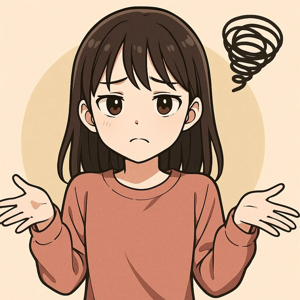 10代女性をアニメ風に描いたイラスト。長いダークブラウンの髪と前髪、ダークブラウンの瞳が特徴で、ピンク系のゆったりとしたセーターを着用。困惑や不満を示す表情で両手を広げ、背景には黒いぐるぐるマークが描かれ、ネガティブな感情を表現。商品の悪い口コミや低評価レビュー用アイコンに最適なデザイン。