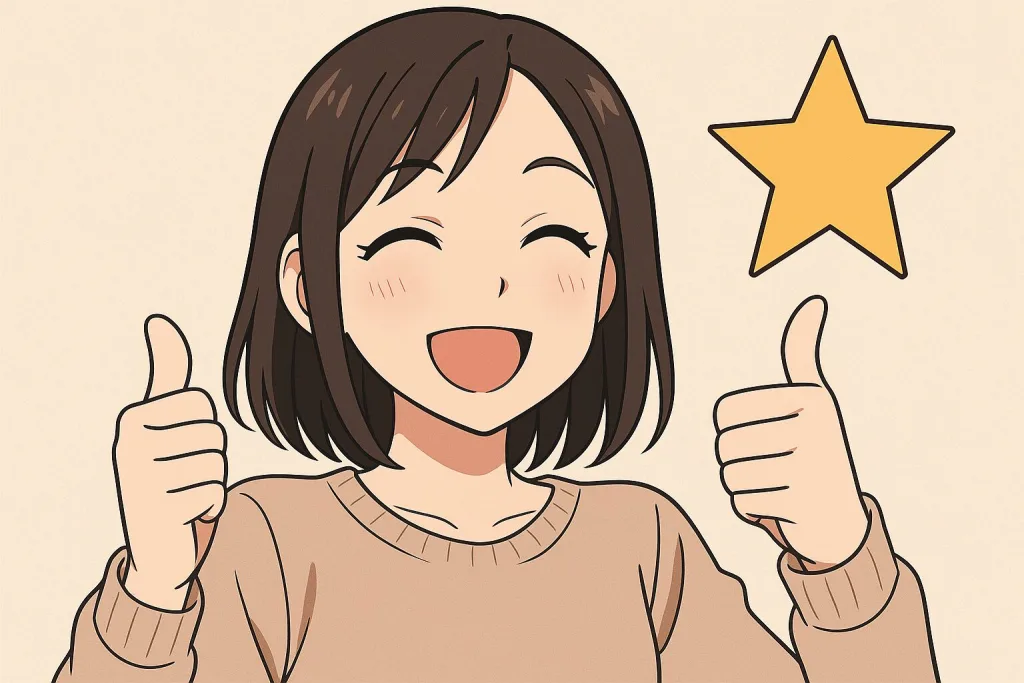 30代女性をアニメ風に描いたイラスト。肩までのダークブラウンの髪と大きな笑顔が特徴で、両手で親指を立てるポーズをしている。背景には金色の星が描かれ、好印象や高評価をイメージさせるデザイン。ポジティブな口コミやレビュー用アイコンに最適。