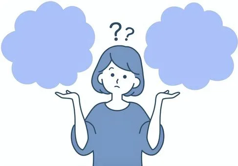 「スキンケア商品選びに悩む女性のイラスト｜どちらを選べばいいか迷っているイメージ」
