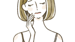 「鏡を見ながら肌荒れや赤みに悩む女性のイラスト。おでこと頬に吹き出物があり、スキンケアトラブルやニキビ対策のイメージに最適。」