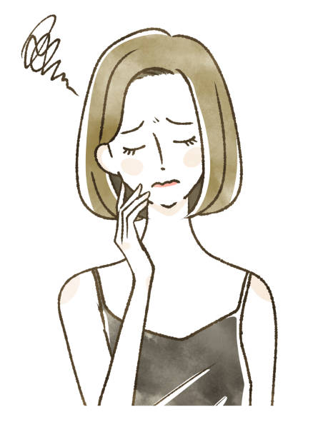 「鏡を見ながら肌荒れや赤みに悩む女性のイラスト。おでこと頬に吹き出物があり、スキンケアトラブルやニキビ対策のイメージに最適。」