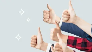 「複数の人が親指を立てて高評価のジェスチャーをしている様子。口コミ評価が高い商品やサービスの信頼性や満足度の高さを示すイメージ」