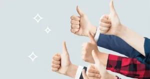 「複数の人が親指を立てて高評価のジェスチャーをしている様子。口コミ評価が高い商品やサービスの信頼性や満足度の高さを示すイメージ」