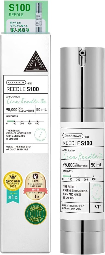 「VT COSMETICSのマイクロニードル美容液『リードルショットS100』のパッケージとボトル画像|CICA成分配合・肌のキメを整える初心者向け低刺激設計のスキンケアアイテム」