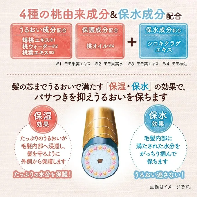 モモリのヘアミルクに含まれる4種の桃由来成分とシロキクラゲエキスの保湿・保水効果を解説した図解。髪の芯までうるおいを届けてパサつきを防ぐイメージ。