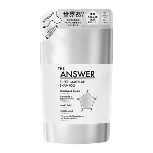 花王THE ANSWER ジアンサー スーパーラメラシャンプー詰め替え用パッケージ。世界初の美髪5大必須成分を配合し、髪の補修と保湿効果を高める製品。