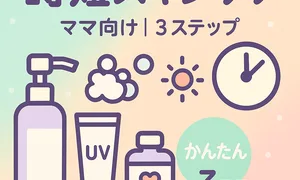 「時短スキンケア ママ向け｜3ステップ」を示す可愛いサムネイル。洗顔・保湿・UVのアイコンと時計、パステル背景。