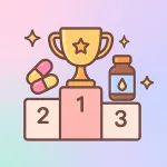 飲む美容サプリおすすめランキングのサムネ｜トロフィーと1・2・3の表彰台、カプセルとボトルのイラスト