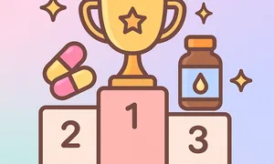 飲む美容サプリおすすめランキングのサムネ｜トロフィーと1・2・3の表彰台、カプセルとボトルのイラスト