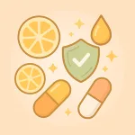ビタミンCサプリ解説のサムネ｜レモンスライス・カプセル・チェック入り盾・滴アイコンのパステルイラスト