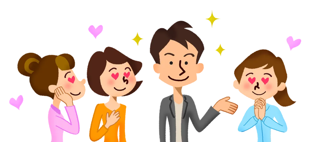 モテる男性の周りにハート目で見つめる女性たちのイラスト。人気者の男性をテーマにした恋愛・人間関係のイメージ素材。
