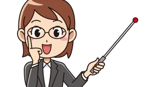 眼鏡をかけたスーツ姿の女性キャラクターが指し棒を持って説明するイラスト。シャンプー解析や購入ガイドの記事用イメージ