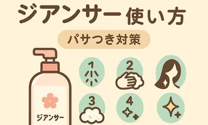 2025年版｜ジアンサー使い方サムネイル。パサつき対策の手順をボトルと1〜4のアイコンで表現（予洗い・塗り洗い・泡立て・すすぎ）