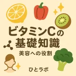 ビタミンCの基礎知識と美容への役割｜レモン・パプリカ・キウイ・ブロッコリーの可愛いサムネイル（ひとラボ）
