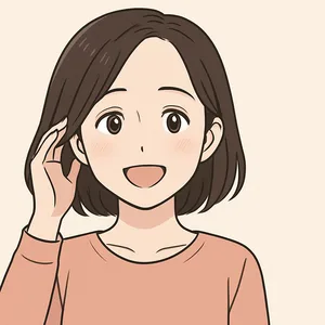 「45歳女性のアニメ風イラスト。肩までのダークブラウンの髪を耳にかけ、微笑みながら髪に触れている。薄毛や髪のボリューム不足に悩み、ヘアバースサプリメントを使用して改善を実感したイメージ。背景は淡いベージュで清潔感があり、ヘアケア・育毛・美容ブログやレビュー記事に適した画像。」