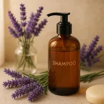 「ラベンダーの花とアロマ感漂うシャンプーボトルが並ぶ、癒しと美髪ケアをイメージしたおしゃれなバスタイムシーン」