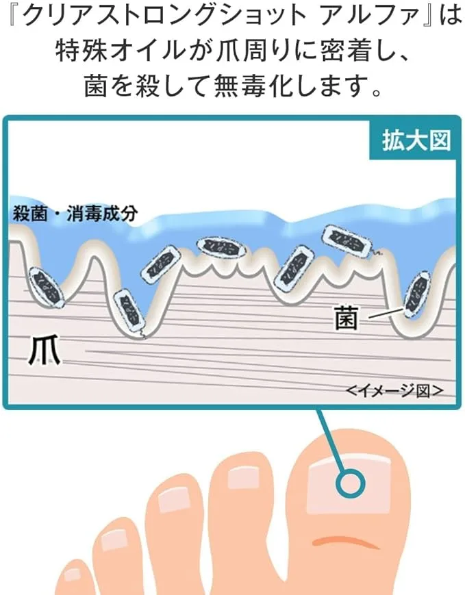 クリアストロングショットアルファの殺菌作用を説明するイメージ図。爪の周囲に付着した菌に対し、特殊オイルが密着・浸透して殺菌・無毒化する様子が拡大図で描かれている。