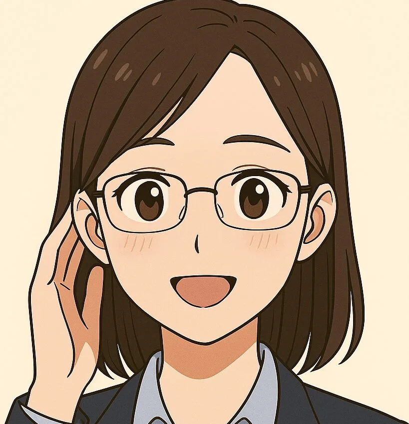 「36歳女性のアニメ風イラスト。肩までのストレートなダークブラウンの髪、知的な印象のメガネをかけ、スーツ姿で笑顔を見せている。真面目で清潔感のある社会人女性を表現し、薄毛や髪のボリューム不足に悩み、ヘアバースサプリメントを使用して改善を実感したイメージ。ヘアケア・育毛・美容ブログやレビュー記事に最適な画像。」