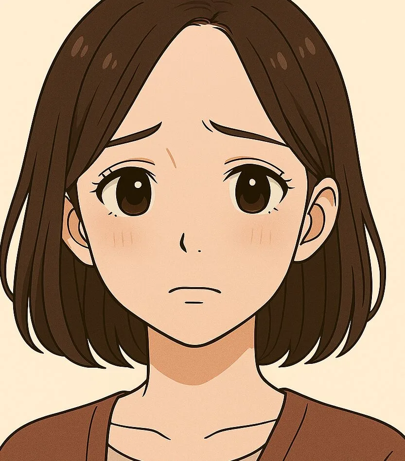 「29歳女性のアニメ風イラスト。肩までのダークブラウンのボブヘア、眉を下げて口を結び、残念そうな表情を浮かべている。落ち着いたブラウンのカーディガンとベージュのインナーを着用。薄毛や髪のボリューム不足に悩み、ヘアバースサプリメントを短期間使用したが効果を感じられず残念に思っている様子。美容・育毛・ヘアケア関連のブログやレビュー記事に適した画像。」