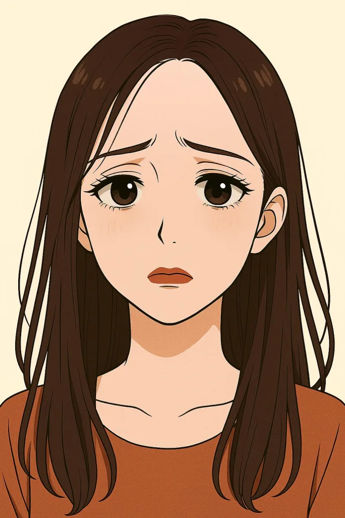 「33歳女性のアニメ風イラスト。色白でロングのダークブラウンヘア、やや薄毛が目立ち、濃いめのアイメイクと口紅を施している。眉を下げた残念そうな表情で正面を見つめ、落ち着いた茶色のトップスを着用。薄毛や髪のボリューム不足に悩み、ヘアバースサプリメントを使用したが期待通りの効果が得られず不満を抱いている様子を表現。美容・育毛・レビュー記事に適した画像。」