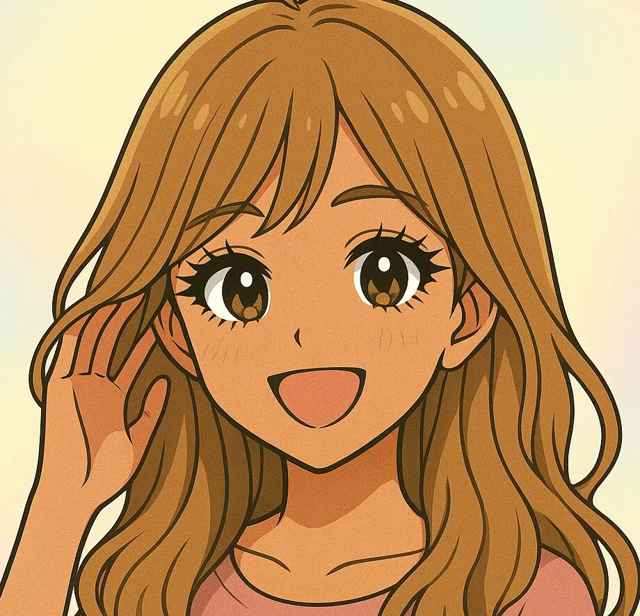 「25歳女性のギャル風アニメイラスト。明るい茶色のロングウェーブヘア、軽く日焼けした肌、大きなまつげとキラキラした瞳が特徴。ピンクのTシャツを着て、笑顔で髪に触れている姿。薄毛やボリューム不足に悩み、ヘアバースサプリメントを使用して改善を実感したイメージで、ヘアケア・育毛・美容ブログ向けに最適な画像。」