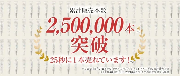 クリアストロングショットアルファの累計販売本数が250万本を突破したことを伝える実績画像。「25秒に1本売れている」との文言も添えられ、信頼性と人気の高さを強調している。