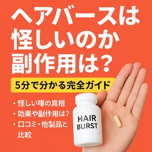 「ヘアバースは怪しいのか副作用は？5分で分かる完全ガイド。髪の悩みに関する真相・効果・副作用・口コミ・他製品との比較を解説した育毛サプリの解説サムネイル画像。白いHAIR BURSTボトルとカプセルを持つ手の写真付き。」