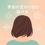 季節の変わり目に抜け毛が増える女性の後ろ姿と、太陽・風・落ち葉・花粉のアイコンを配したヘアケア解説記事用サムネイル