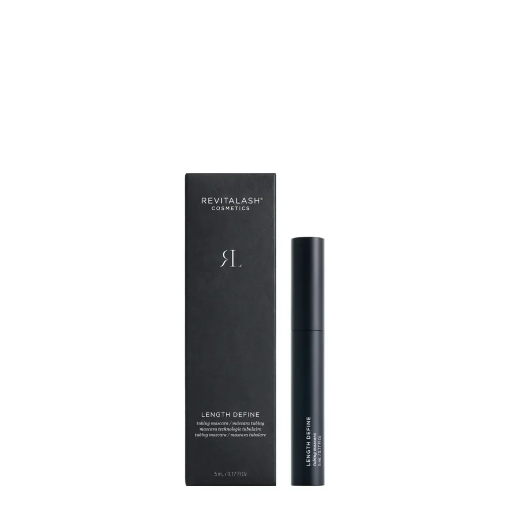 REVITALASH レングスディファイン（Length Define）チュービングマスカラの外箱と黒いチューブ本体の並び写真｜ロング＆セパレート仕上げ・お湯オフタイプの製品画像。