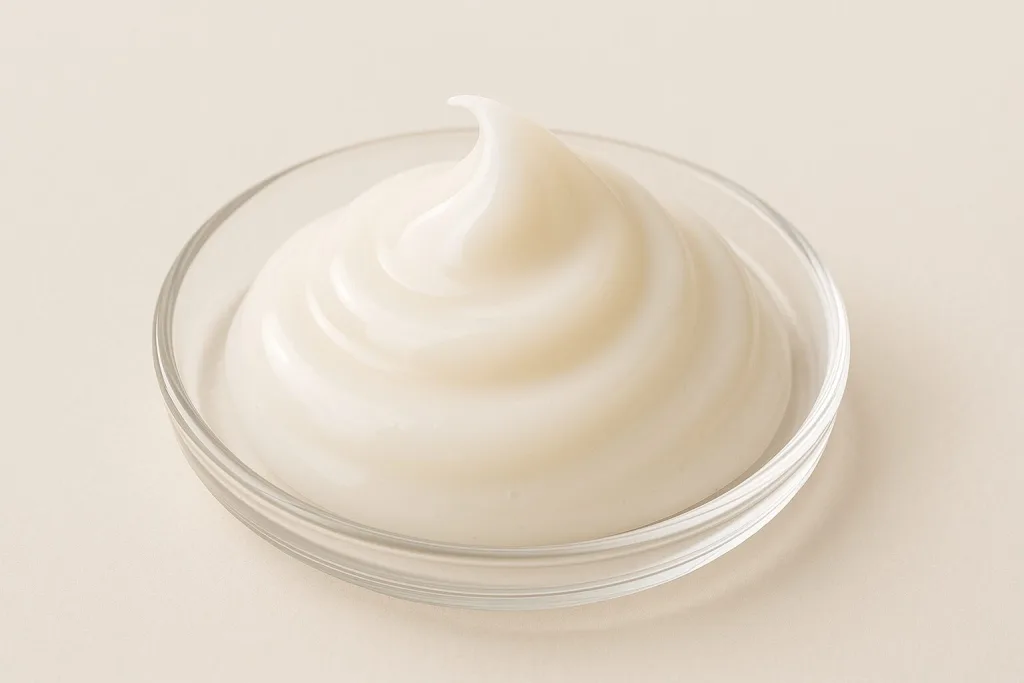 SHIRO 和紅茶 ヘアマスクのテクスチャー。ミルキーでなめらかな白いクリームをガラス皿に盛った質感アップ