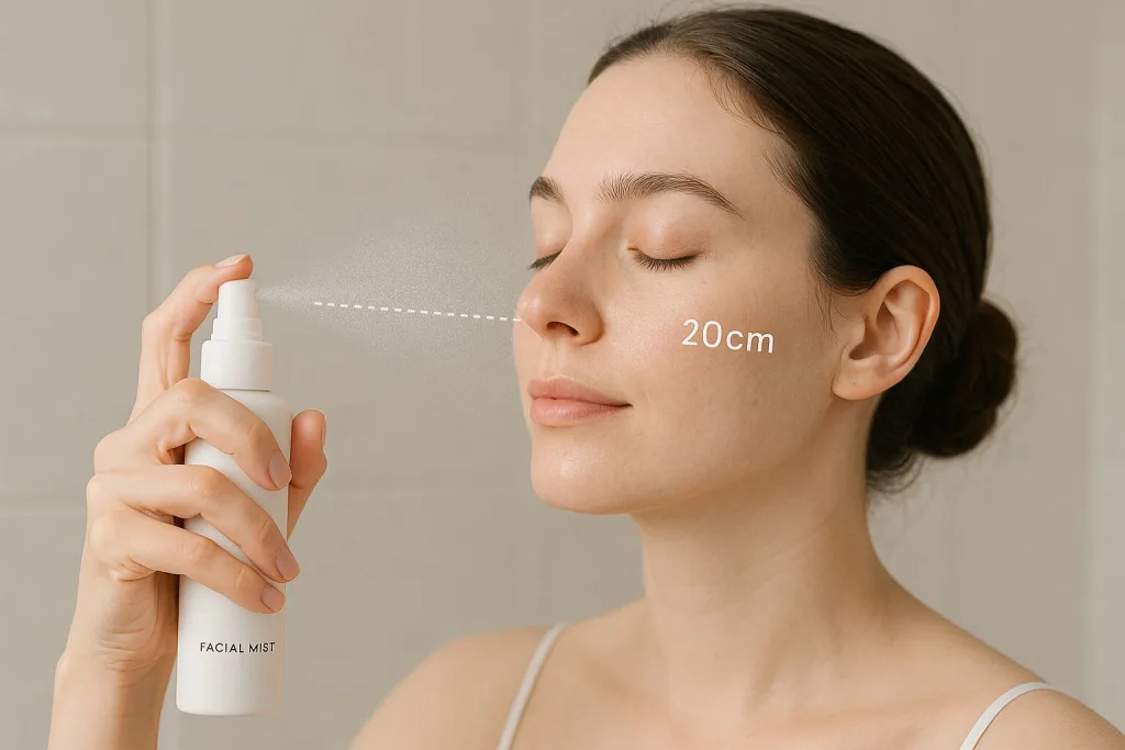 フェイスミストの正しい使い方（SHIRO ホーリーバジルフェイスミスト 2025）｜顔から約20cm離してメイクの上から微細ミストを噴霧する手順