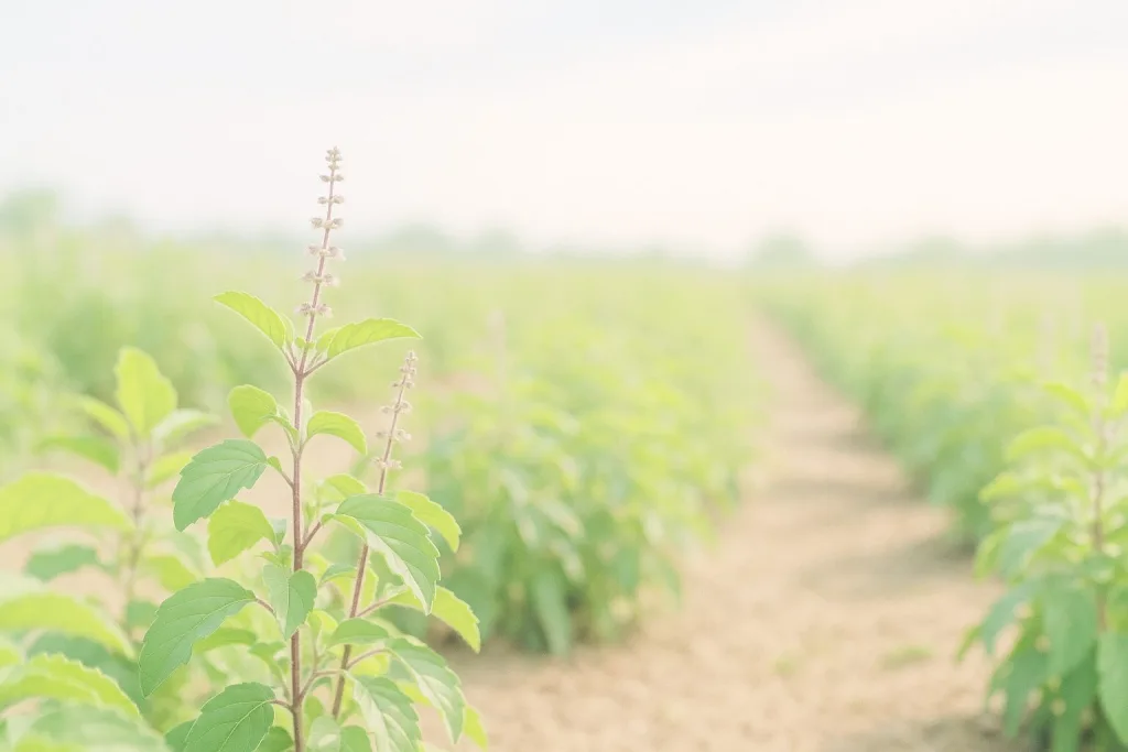 SHIROの原料イメージ｜ホーリーバジル（カプーアトゥルシー）畑の若葉を写した写真で、蒸留水主体の爽やかな香りを想起