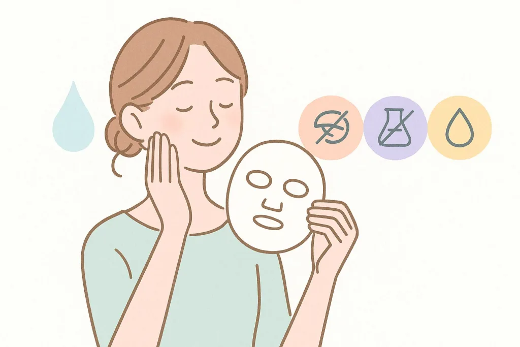 無香料・低刺激・高保湿アイコンと、マスクを外してしっとり肌を触る女性のイラスト｜ヒルメナイドのやさしい使い心地