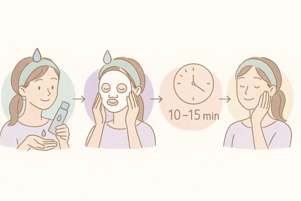 ヒルメナイド薬用フェイシャルマスクの使い方手順：化粧水で整える→シートマスクを密着→10～15分待つ→外して仕上げで保湿