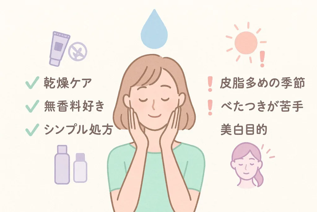 ヒルメナイドの相性チェック：乾燥ケア・無香料好き・シンプル処方に◎／皮脂が多い季節・べたつきが苦手・美白目的は注意点